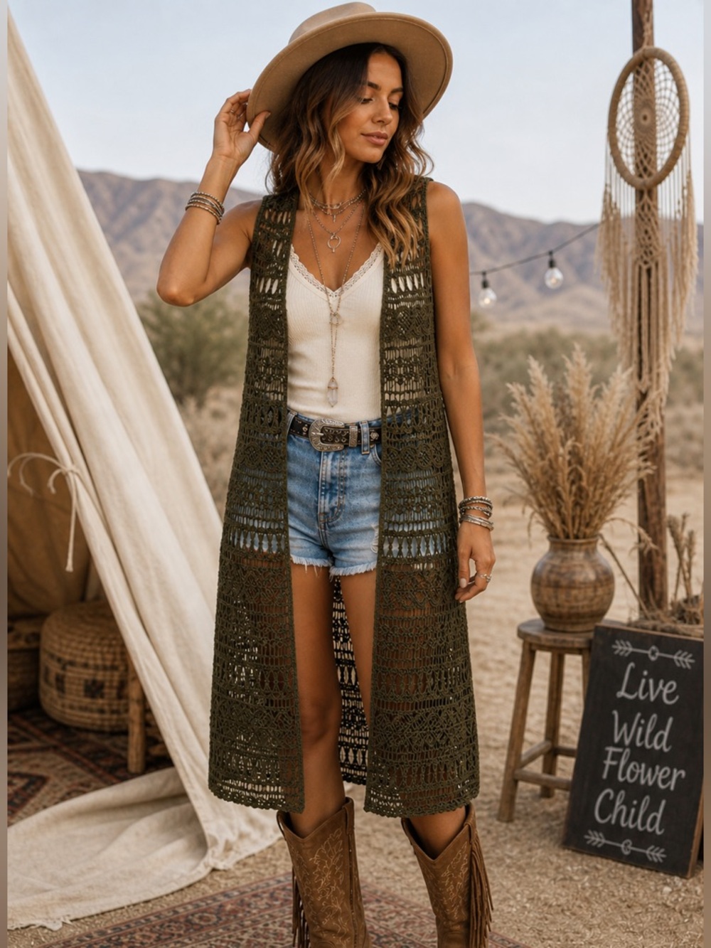 Women’s Open Front Crochet Duster Vest Longline Green M/L Boho Festival Hippie